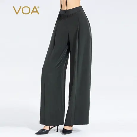 VOA30姆米重磅真丝墨绿色自然腰不对称塔克褶砂洗工艺简约宽腿裤商品大图