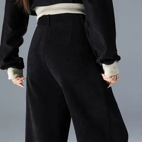 黑色加绒阔腿裤女2023新款秋冬加厚裤子条绒裤针织女裤休闲直筒裤商品大图