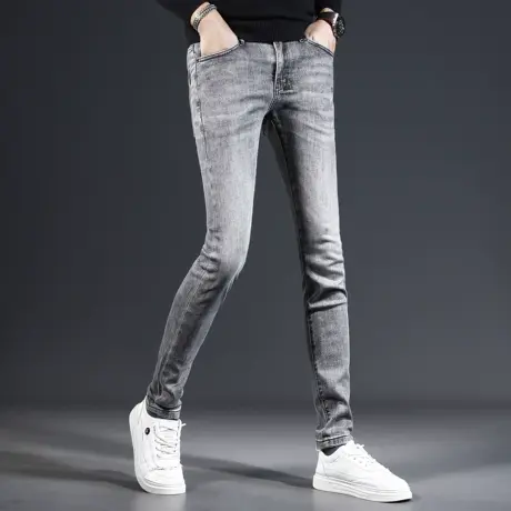 高级牛仔裤男款修身小脚裤2023新款烟灰色弹力百搭男士裤子秋冬款图片