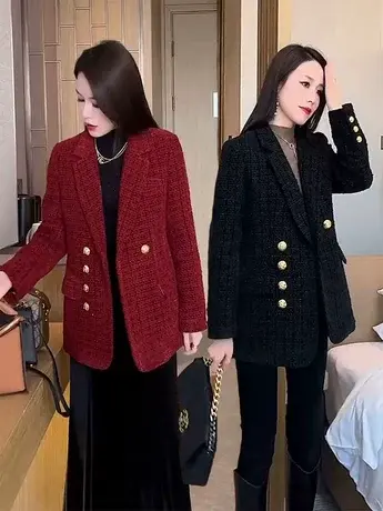 小香风加棉西服气质女2023秋冬季中长款显瘦宽松洋气加厚外穿外套商品大图