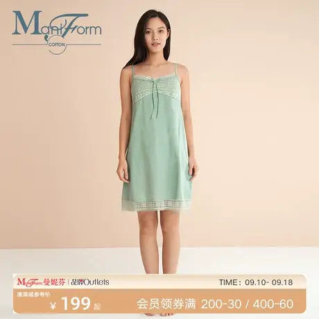曼妮芬棉质生活睡裙50支丝光棉全棉纯棉V领领口蕾丝吊带裙睡裙图片