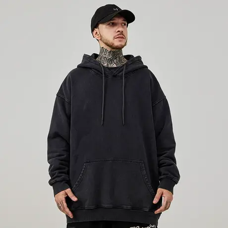 重磅做旧卫衣大码秋冬款连帽加绒加厚胖子纯色外套男士秋冬宽松男商品大图