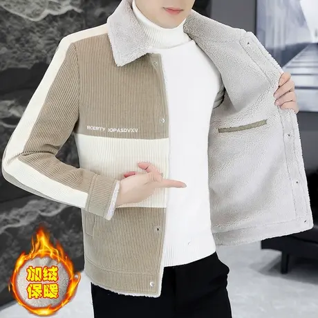 冬季加绒加厚夹克男士潮流帅气翻领高级感休闲呢子风衣一体绒外套商品大图