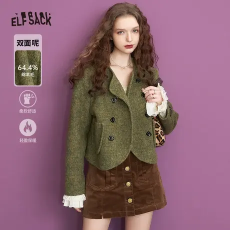 妖精的口袋短款毛呢外套女2023冬季新款小个子双排扣气质呢大衣图片