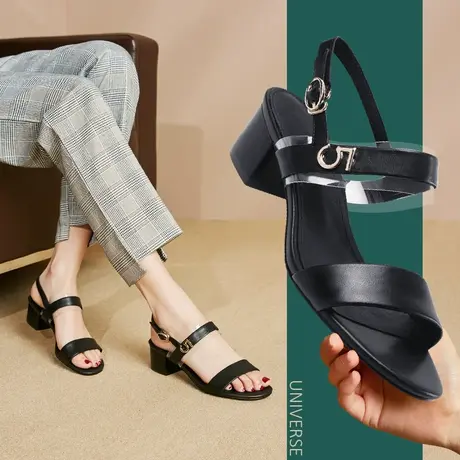 真皮凉鞋女夏粗跟5cm中跟百搭一字带露趾黑色女鞋妈妈鞋2023新款商品大图