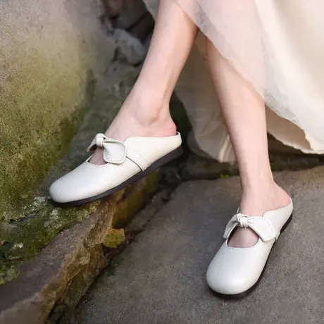 Artmu阿木原创复古森系蝴蝶结包头半拖鞋女平底外穿皮拖鞋女款商品大图