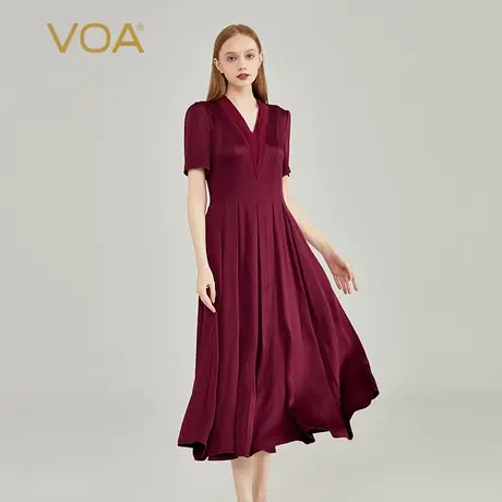 VOA40姆米真丝双面缎枣泥红V领撞料乔其拼接收腰显瘦中长款连衣裙图片