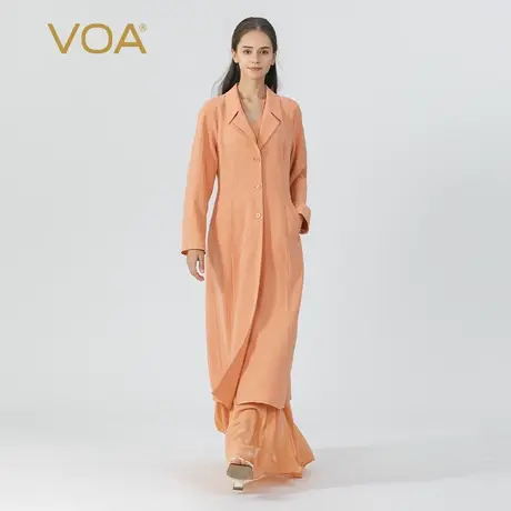 VOA杏粉色41姆米无界重磅桑蚕丝西装领长袖宽松通勤真丝风衣外套商品大图