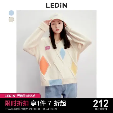 乐町菱格针织毛衣女2023秋季新款女装V领上衣慵懒宽松针织衫图片