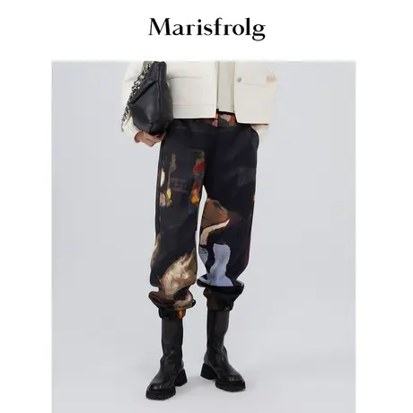 【商场同款】玛丝菲尔女装秋新款油画印花黑色休闲裤A1BW30925商品大图