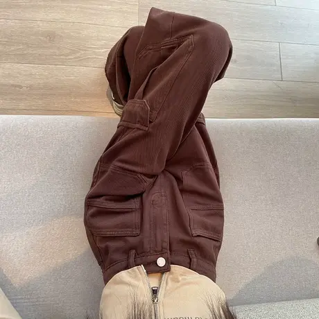 美式复阔腿牛仔工装裤女秋季新款高腰显瘦口袋宽松直筒百搭拖地裤商品大图