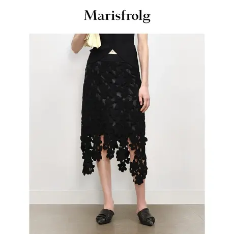 【商场同款】玛丝菲尔2023年秋季新款黑色镂空蕾丝绣花轻礼半身裙商品大图