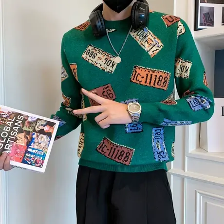 高级感加厚毛衣痞帅秋冬季提花针织衫2024新款内搭痞帅长袖打底衫商品大图