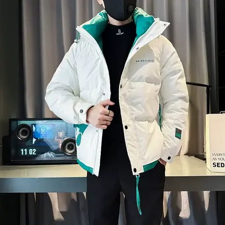 冬季撞色设计感潮牌潮流连帽棉服加厚棉袄时尚休闲背面字母外套图片