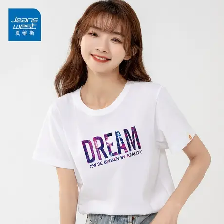 真维斯夏装短袖t恤女白色纯棉宽松洋气时尚上衣ins潮商品大图