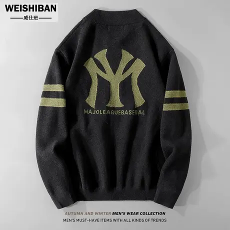 潮牌撞色字母保暖开衫毛衣男2022秋冬新款宽松慵懒针织拉链外套商品大图