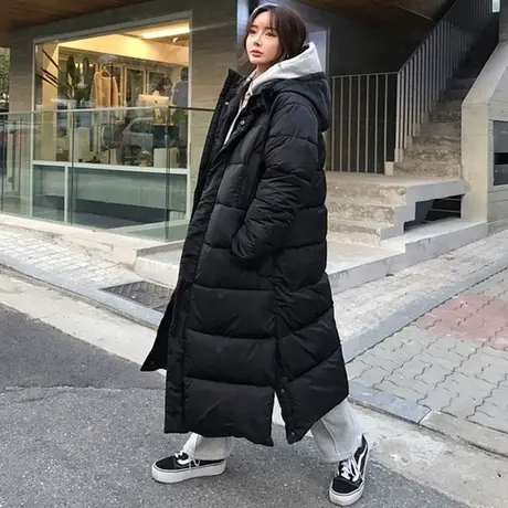 新款过膝长款黑色棉衣女韩版宽松大码侧开叉可脱卸帽棉服保暖棉袄商品大图