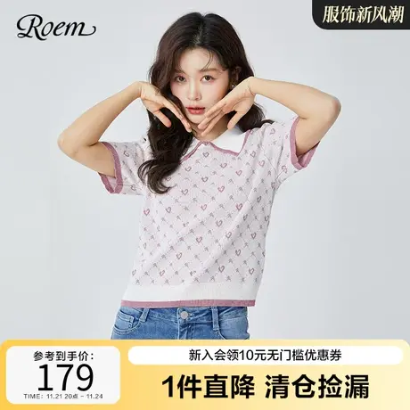 Roem新品韩版爱心印花翻领轻薄娃娃领毛衣针织衫时尚甜美青春半袖图片