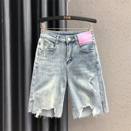 欧货休闲毛边设计直筒裤女夏新款潮流高腰个性贴标破洞五分牛仔裤商品大图