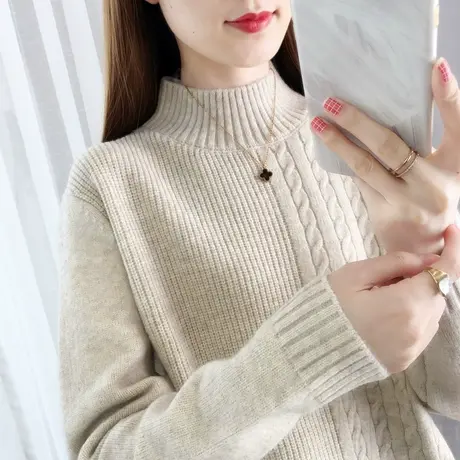 毛衣女宽松秋冬内搭半高领套头慵懒韩版学生打底针织新款上衣加厚商品大图