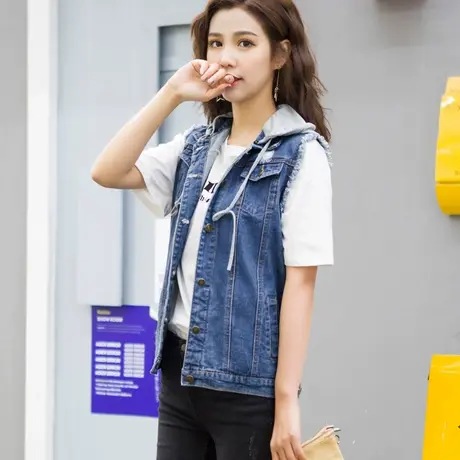 春秋韩版牛仔马甲女中长宽松显瘦无袖BF风背心新款大码带帽连帽商品大图