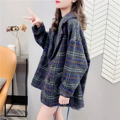 复古小个子西装毛呢外套女上衣2021秋冬新款韩版宽松百搭格子大衣商品大图