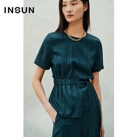 INSUN恩裳线上专选夏季醋酸条纹收腰冰丝衬衫商品大图