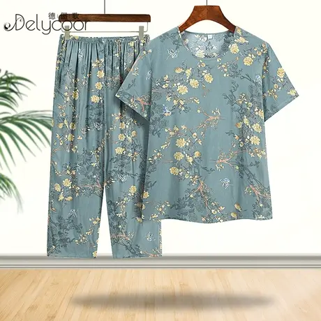 妈妈夏装新款中老年女装棉绸套装老年人短袖夏天衣服奶奶装两件套图片