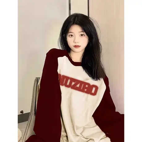 美式复古拼接撞色t恤女长袖秋冬冬新款设计感小众宽松插肩袖上衣商品大图