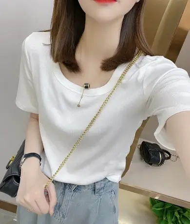 露锁骨U型领短袖T恤女夏季2023新款简约修身纯色短款百搭体恤上衣图片