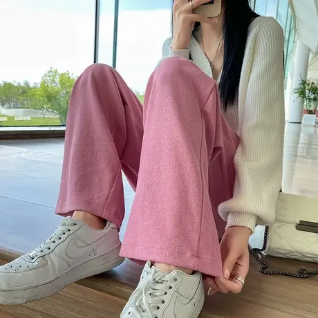 粉红色阔腿裤女春秋季卫裤宽松显瘦高腰垂感直筒抽绳运动休闲裤子商品大图