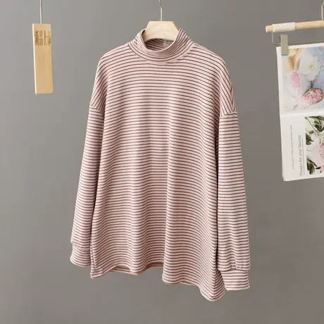 双面德绒加厚半高领条纹打底衫女宽松大码秋冬磨毛长袖t恤上衣潮图片