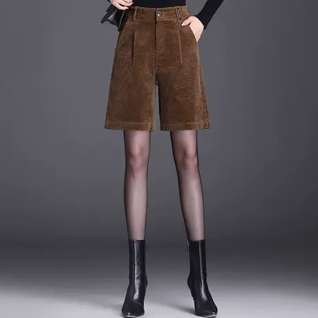 咖啡色灯芯绒五分裤女秋冬阔腿裤2023年新款休闲高腰显瘦条绒裤子商品大图