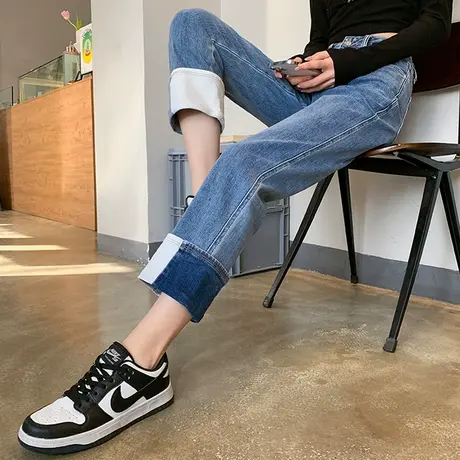 牛仔裤女高腰烟管裤春秋2023年新款卷边小个子九分翻边直筒阔腿裤商品大图