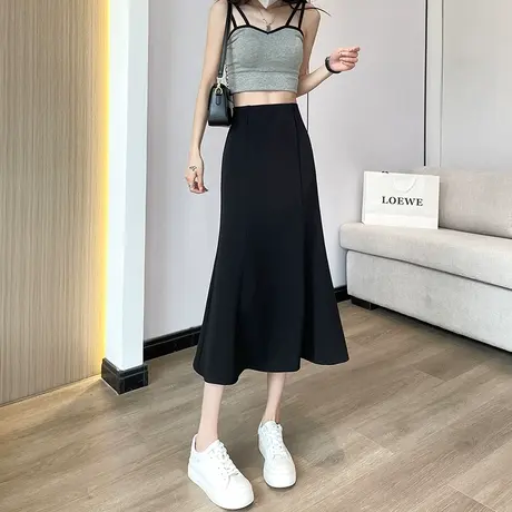 黑色鱼尾裙半身裙女夏季薄款a字裙高腰中长款宽松设计感包臀裙子图片