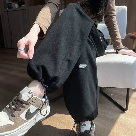 黑色运动裤女2024年秋冬新款高腰宽松加绒加厚休闲束脚两穿卫裤潮商品大图