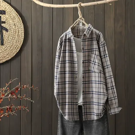 枫谜2021年秋装新款文艺全棉格子长袖衬衫女宽松休闲翻领上衣外套商品大图