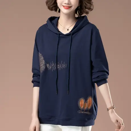 连帽卫衣女春秋加肥加大码女装宽松中年妈妈刺绣百搭遮肚显瘦外套商品大图