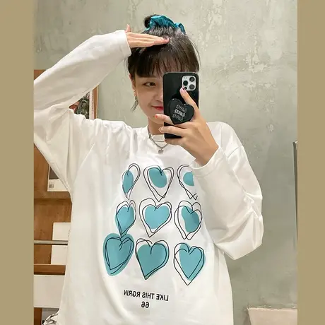 红续爱心小众设计感2023春装新款宽松oversize长袖T恤女上衣ins商品大图
