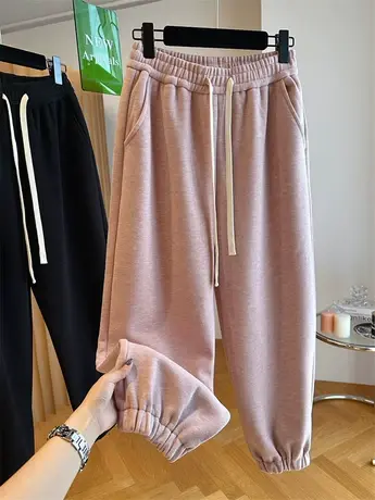 韩版宽松休闲百搭九分束脚裤加绒加厚卫裤女2023新款冬季粉色裤子商品大图