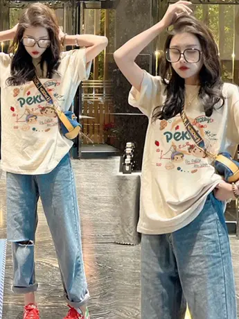 仿棉质感短袖t恤女夏季设计感小众复古港味chic女装卡通上衣ins潮图片