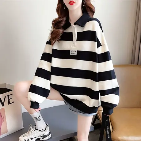 翻领polo衫卫衣女春秋季韩版宽松薄款chic港风早秋条纹上衣服外套图片