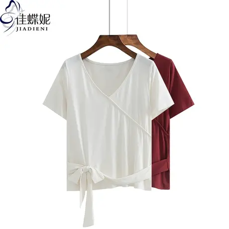 夏季新款V领绑带宽松休闲短袖上衣打底衫纯棉体恤女装内搭纯色T恤商品大图