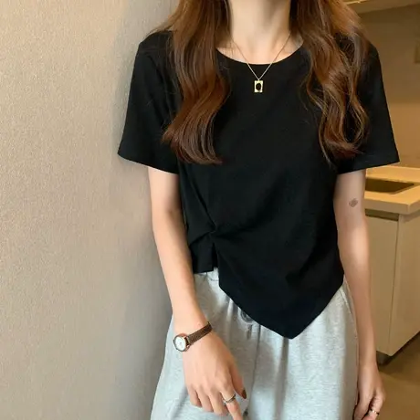 2024春夏季新款别致不规则短款设计感小众上衣服正肩短袖t恤女装图片