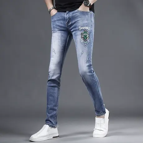 2023春季新款刺绣牛仔裤男款蓝色修身小脚潮牌男士牛仔裤春秋款商品大图