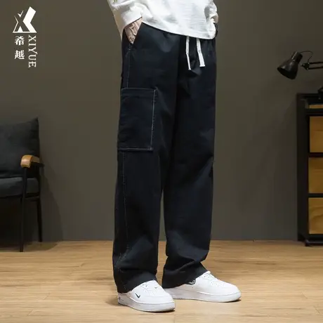 希越黑色休闲裤子男宽松大码多口袋纯棉工装裤秋冬新款直筒阔腿裤商品大图