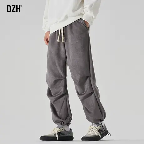 男士麂皮绒褶皱裤子男美式高街2023新款抽绳束脚裤直筒休闲裤秋款商品大图