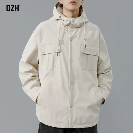 男士卡其色连帽外套男春秋高级感男装2024新款冲锋衣男款工装夹克图片