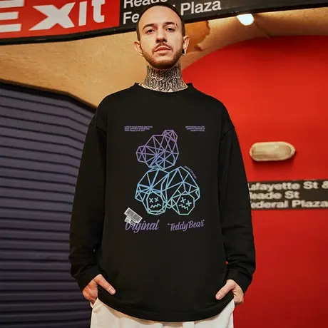 国潮胖子情侣长袖男小熊T恤港风潮牌大码男装潮流加肥加大春秋季商品大图