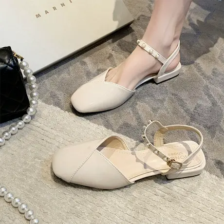 温柔风包头凉鞋女配裙子2024年春夏新款珍珠一字扣玛丽珍低跟单鞋商品大图